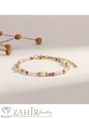 Мега яка гривна за ръка или глезен от естествен розов кварц 3 мм топче, детайли от родохрозит стоманени елементи, закопчалка и удължител - GA3122